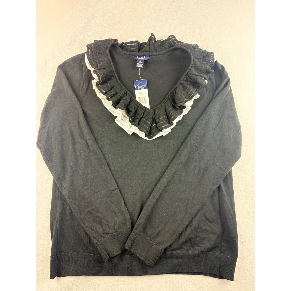 Chaps Women's Black Long Sleeve‎ Sweater Ruffle Neckline Size XL Elegant New